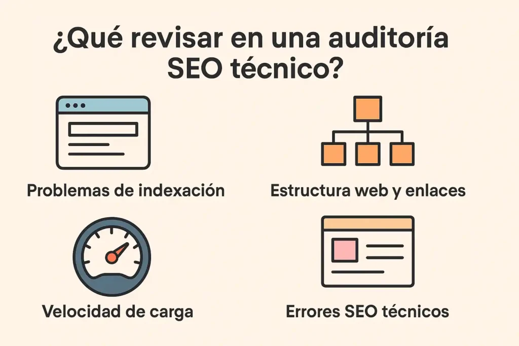 Gráfico conceptual de una auditoría SEO técnico con elementos como rastreo, velocidad de carga, estructura web y código, representando los aspectos clave que deben revisarse en una web.