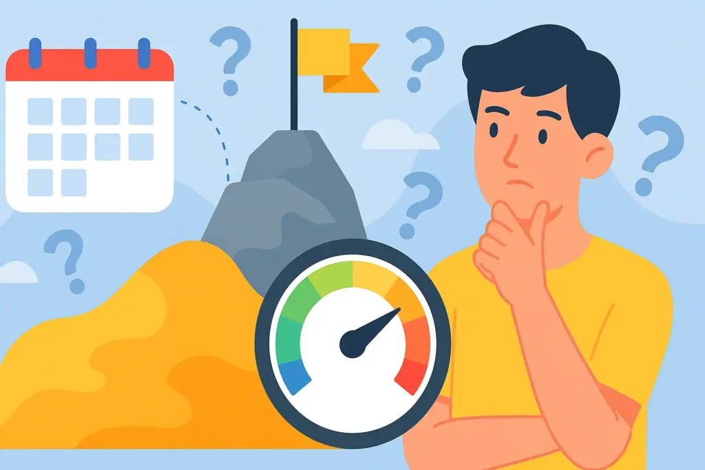 Factores que influyen en el tiempo de posicionamiento Ilustración conceptual de los factores que influyen en el tiempo de posicionamiento web, con calendario, velocímetro, una montaña con bandera y un usuario pensativo.