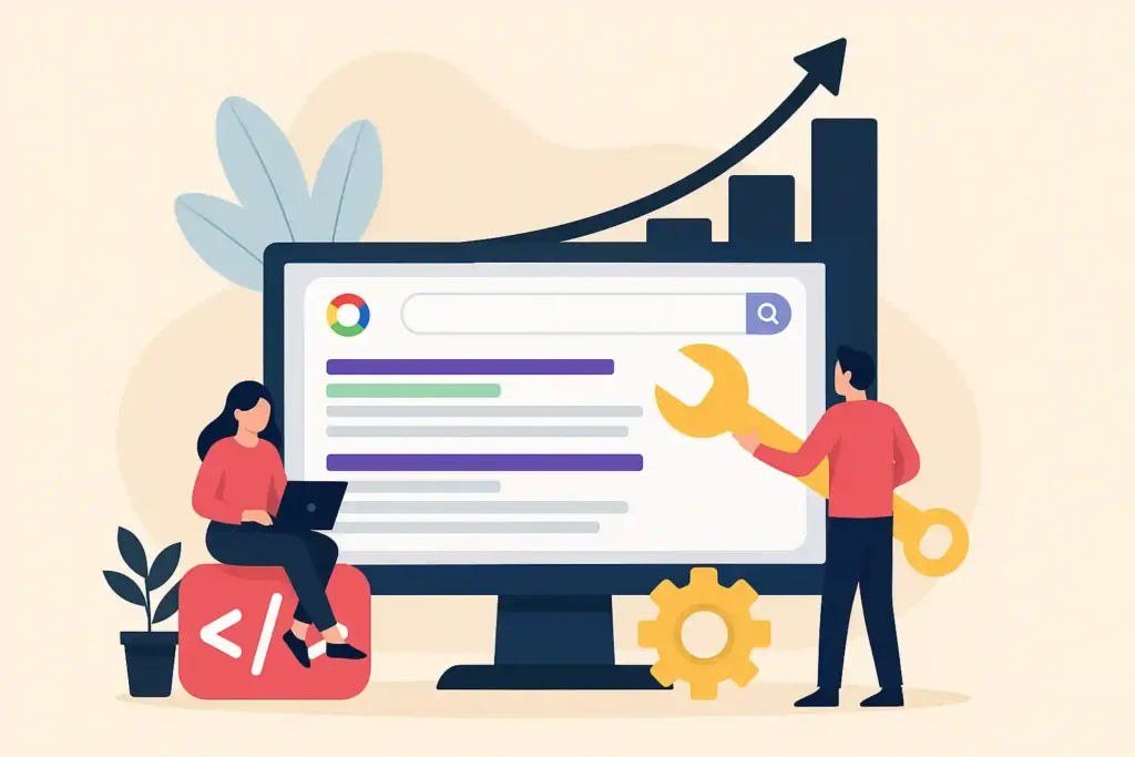 Ilustración de elementos clave en la optimización web on page como títulos SEO, jerarquía de contenido, arquitectura SEO, palabras clave y estructura interna de la web.