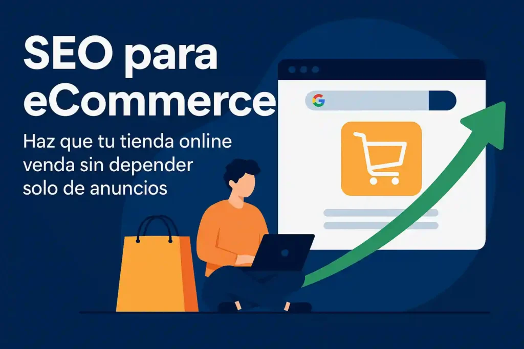 Representación visual de una tienda online posicionándose en buscadores, con elementos de SEO como gráficos de tráfico, fichas optimizadas y visibilidad sin anuncios, reflejando el objetivo de vender sin depender solo de la publicidad.