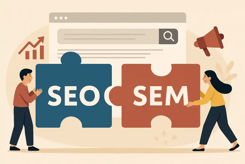 Ilustración de dos piezas de puzzle unidas con las palabras SEO y SEM, representando cómo ambas estrategias encajan para mejorar la visibilidad y el rendimiento en Google.