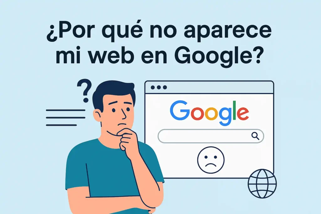 Ilustración de un usuario preguntándose ¿por qué no aparece mi web en Google?, con una ventana de búsqueda de Google en pantalla. Ideal para explicar errores de posicionamiento web.